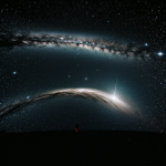 An illustration of stars distorted by gravitational lensing, displaying light bending around a massive celestial object in space.