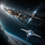 A starship skillfully navigates through a dense asteroid belt, showcasing advanced space travel technology and piloting expertise.