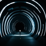 A starship emerges from a vibrant warp tunnel, illustrating the thrilling concept of warp travel through a cosmic light show in space.