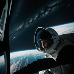 An astronaut's visor reflecting a starship, highlighting the fascinating intersection of space technology and exploration in the cosmos.