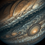 Close-up view of Jupiter's stormy clouds with swirling patterns and vibrant colors, showcasing the dynamic atmosphere of the giant planet.