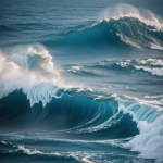 A breathtaking view of stormy ocean waves on a mysterious ocean planet, capturing the raw power and serene beauty of nature's fury and tranquility.