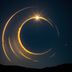 A sun-like star setting over majestic celestial rings, casting a mesmerizing glow and offering a glimpse into the wonders of the universe.