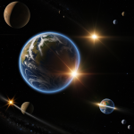 A breathtaking view of a Super-Earth with twin suns shining in the sky, illustrating the unique astronomical phenomenon of binary star systems.