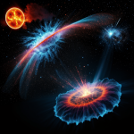 A stunning visualization of a supernova explosion captured at a specific moment in time, showcasing vibrant colors and immense cosmic energy.