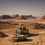 A futuristic terraforming tower rising from a barren desert landscape, showcasing the potential for transforming arid regions into lush, habitable spaces.