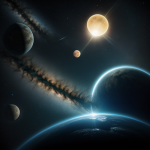 A breathtaking view of three suns setting over the vast ocean of an exoplanet, showcasing an extraordinary celestial phenomenon.