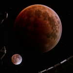 A breathtaking view of the total lunar eclipse from space, showcasing the moon's transformation into a stunning red orb against the vast expanse of space.