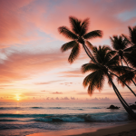 A breathtaking tropical beach sunset with a mesmerizing sky painted in shades of orange and pink, capturing the serene beauty of nature's evening display.