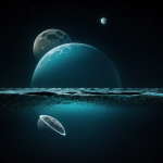 A breathtaking view of twin moons reflected in an alien ocean, capturing the celestial beauty and mysterious allure of a distant world.