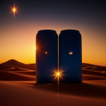 A breathtaking view of twin suns setting over a vast desert world, casting golden light across endless sand dunes, creating an otherworldly atmosphere.