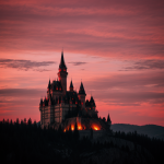 A captivating vampire castle silhouetted against a striking red sky, evoking a sense of mystery and gothic allure.