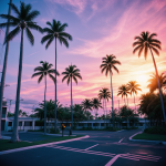 A vibrant vaporwave sunset with silhouetted palm trees and a retro gridline, capturing nostalgic and aesthetic vibes with colorful hues.