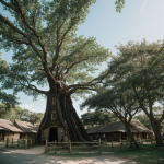 A picturesque village nestled inside a giant tree, showcasing homes and community life harmoniously integrated with nature's grandeur.