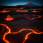 A breathtaking view of a volcanic planet with glowing lava rivers flowing through rocky terrains, showcasing vibrant colors and dynamic landscapes.