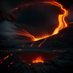 A stunning depiction of a volcano planet with vibrant lava rain cascading from the sky, illuminating the landscape in fiery hues of orange and red.