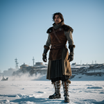A lone warrior stands resolute in the frozen wastelands, surrounded by icy landscapes, embodying courage and survival in harsh conditions.