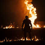 A determined warrior stands proudly on a battlefield engulfed in flames, symbolizing courage and resilience amidst chaos.
