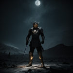 A warrior stands heroically on a shattered moon, with intricate armor and a cosmic landscape, capturing the essence of epic fantasy and adventure.