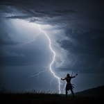 A powerful warrior standing amidst a storm, summoning lightning with raised hands, showcasing an epic battle scene in a fantasy setting.