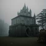 A majestic abandoned castle shrouded in thick fog, creating an eerie yet captivating atmosphere, perfect for mystery and history enthusiasts.