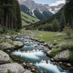A picturesque alpine valley with a clear stream winding through lush green landscapes, showcasing the serene beauty of nature.