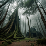 A captivating view of ancient forest temple ruins, surrounded by lush greenery and towering trees, showcasing the timeless beauty of history and nature.