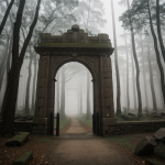 A mystical ancient gate stands enveloped in the mist of a foggy forest, invoking a sense of mystery and timeless beauty.