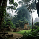 A mysterious view of ancient ruins enveloped by dense jungle foliage, revealing the secrets of a long-lost civilization.