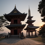 A serene ancient pagoda silhouetted against a vibrant sunset sky, showcasing the interplay of historical architecture with the natural beauty of a setting sun.