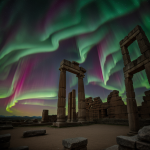 Ancient ruins illuminated under the vibrant lights of an aurora, creating a stunning blend of historical and natural beauty.