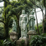 An ancient statue partially covered by dense jungle foliage, showcasing intricate carvings and the mysterious allure of a long-lost civilization.
