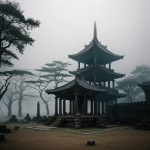An ancient temple partially obscured by a dense layer of fog, creating a mystical and enchanting atmosphere, inviting exploration and historical reflection.