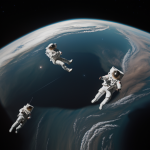Astronauts floating in space, experiencing weightlessness against a backdrop of stars and the universe, showcasing the wonders of space travel.