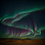 A mesmerizing view of the aurora borealis illuminating the desert dunes with vibrant colors, creating a breathtaking natural spectacle.