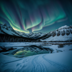 A stunning view of the aurora borealis illuminating the snowy peaks of a mountain, showcasing vibrant colors against the night sky.