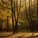A serene autumn forest with golden light streaming through the trees, casting warm hues on the vibrant fall foliage and creating a magical atmosphere.