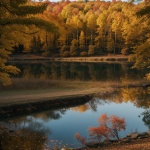 A picturesque lake surrounded by vibrant autumn trees, showcasing the vivid colors of fall and a tranquil natural setting.