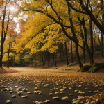 A serene forest filled with vibrant autumn leaves showcasing a mix of red, orange, and yellow hues under a clear blue sky, capturing the essence of fall's beauty.