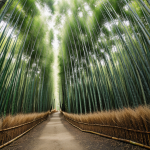 A serene bamboo forest path with towering green stalks creating a peaceful and calming natural environment.