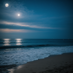 A serene beach at night with the moonlight reflecting on the gentle waves, creating a tranquil and magical atmosphere perfect for relaxation.