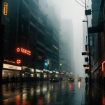 A Blade Runner inspired rainy street scene with neon lights reflecting off the wet pavement, capturing the essence of a futuristic cyberpunk cityscape.