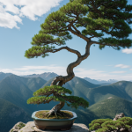 A stunning bonsai tree perched on the edge of a mountain, showcasing its delicate branches and leaves against a breathtaking mountainous backdrop.