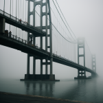 A picturesque bridge shrouded in morning fog, creating a tranquil and serene landscape that captures nature's beauty and mystery.