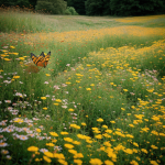 A group of colorful butterflies fluttering gracefully over a vibrant flower meadow, showcasing nature's beauty and biodiversity.
