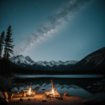 A serene scene of a campfire by a tranquil mountain lake, with towering peaks reflected in the calm water, offering a perfect nature retreat.