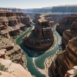A breathtaking view of a majestic canyon with a river flowing gracefully below, capturing the essence of nature's beauty and tranquility.