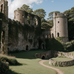 A breathtaking view of ancient castle ruins sitting atop a lush green hill, capturing the essence of historical architecture and natural beauty.