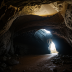 A breathtaking view of a cave opening leading to a bright, lush valley, showcasing the contrast between the dark cave interior and the vibrant landscape beyond.