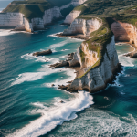 A stunning view of coastal cliffs with waves crashing below, creating a refreshing ocean spray against the rugged, dramatic landscape.